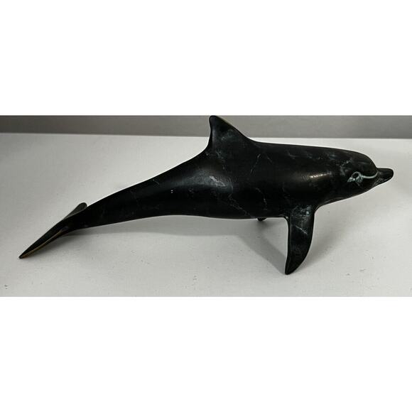 Vintage Cast Metal Bronze Turquoise Dolphin Sculpture 7” Decor - Picture 3 of 6